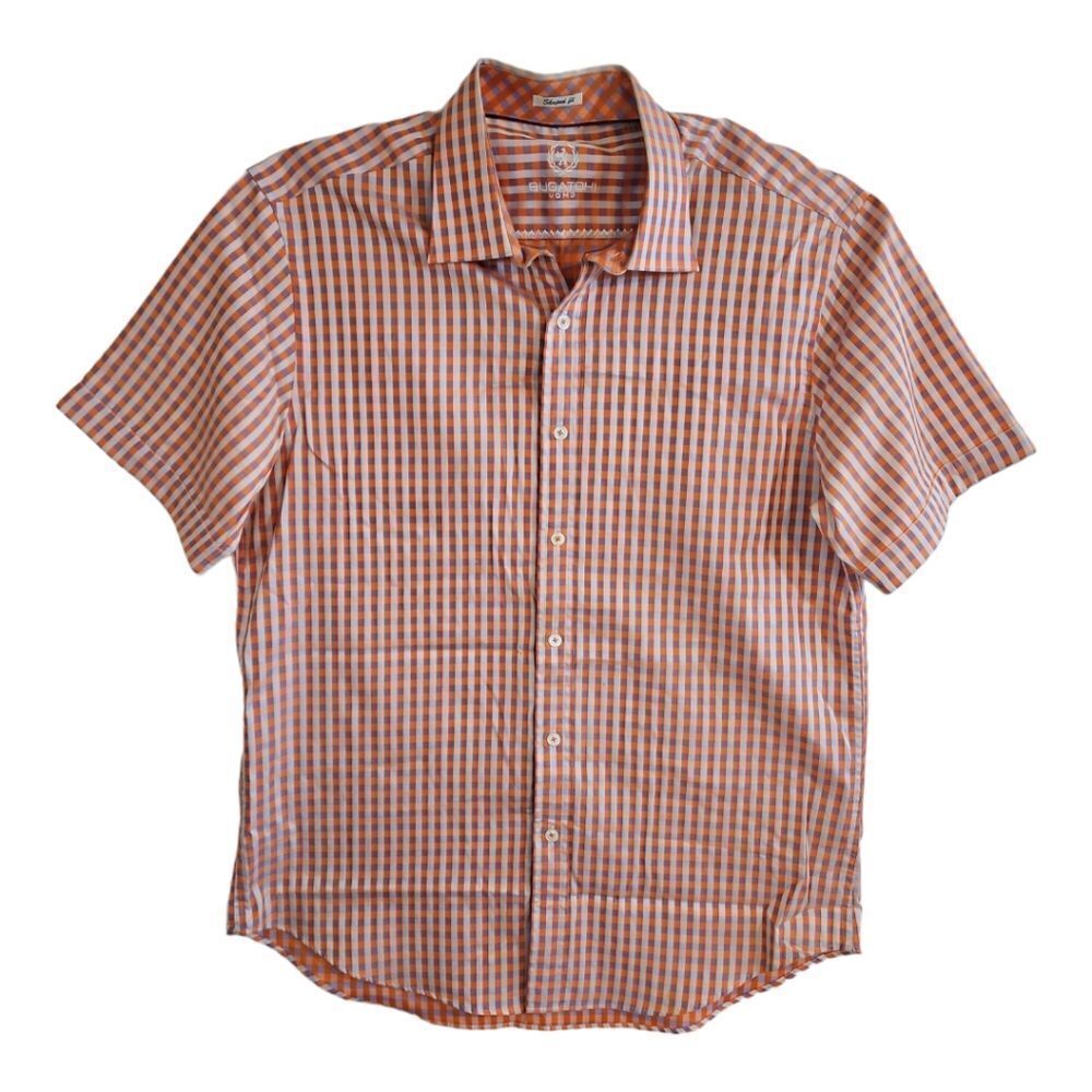 Bugatchi Uomo Designer Short Sleeve Men's Shirt SZ L Orange Plaid